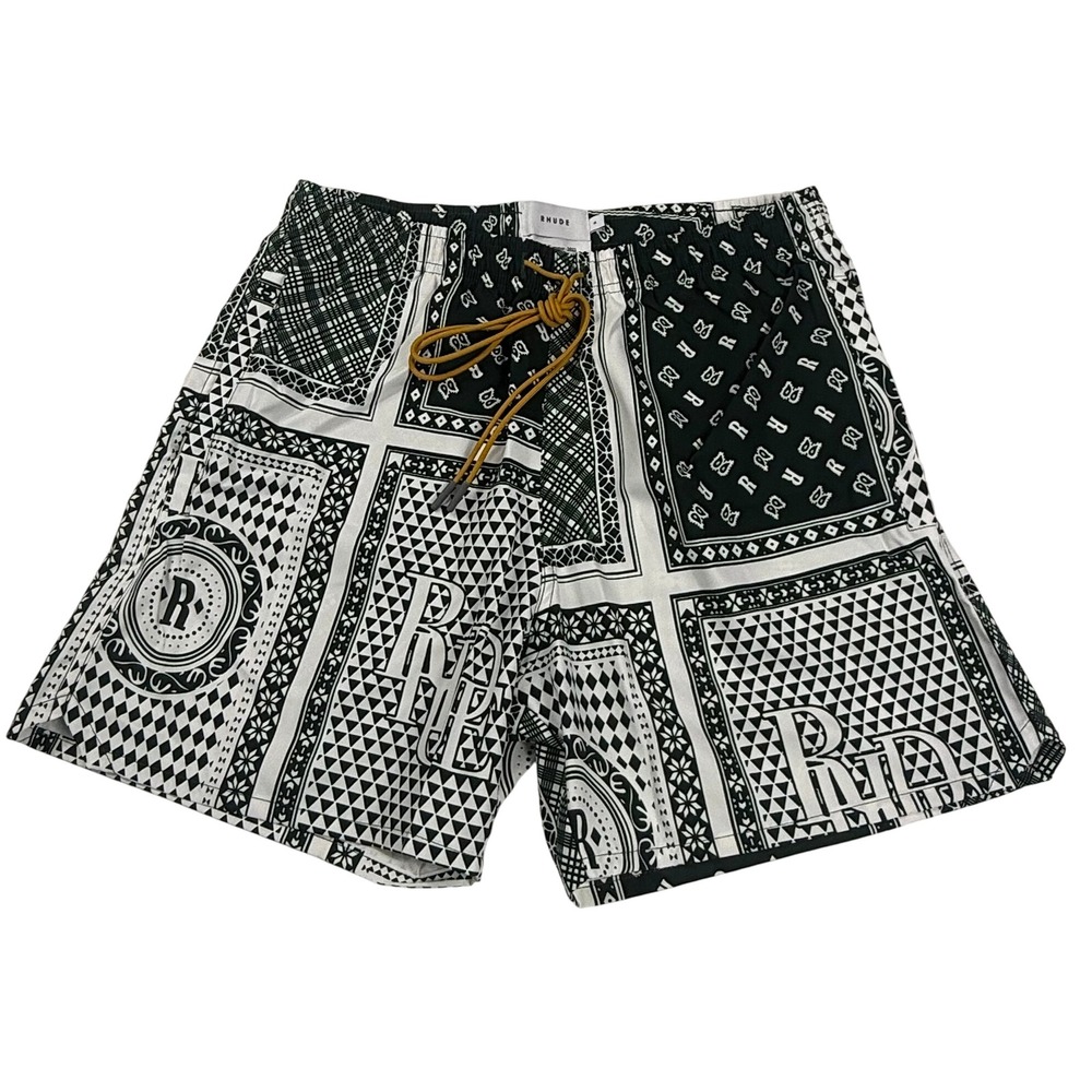 Rhude SS22 Bandana Graphic Swim Shorts Mens Medium Green White Drawstring Trunks